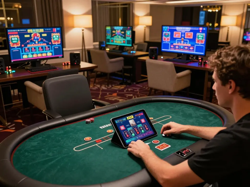 Engaging player using tablet for online casino gaming on m122 site, showcasing poker table excitement.