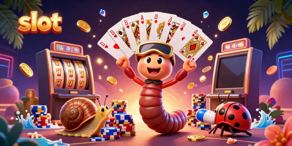 Play exciting slot games with a vibrant cartoon scene of a millipede dealer and high-roller snail.