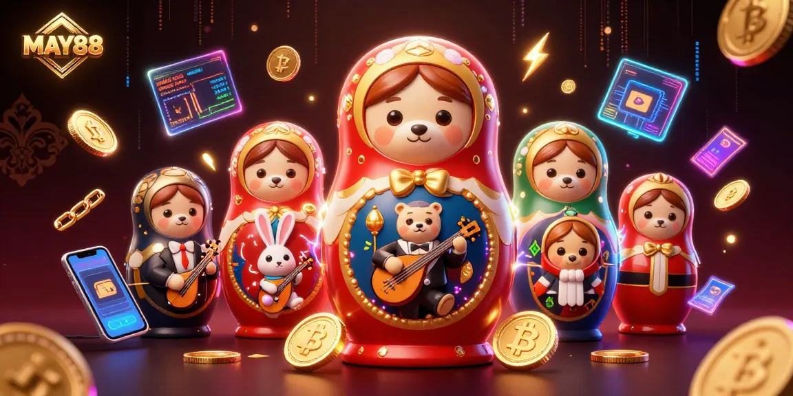 MAY88 showcases vibrant casino energy with adorable cartoon characters and cryptocurrency elements.