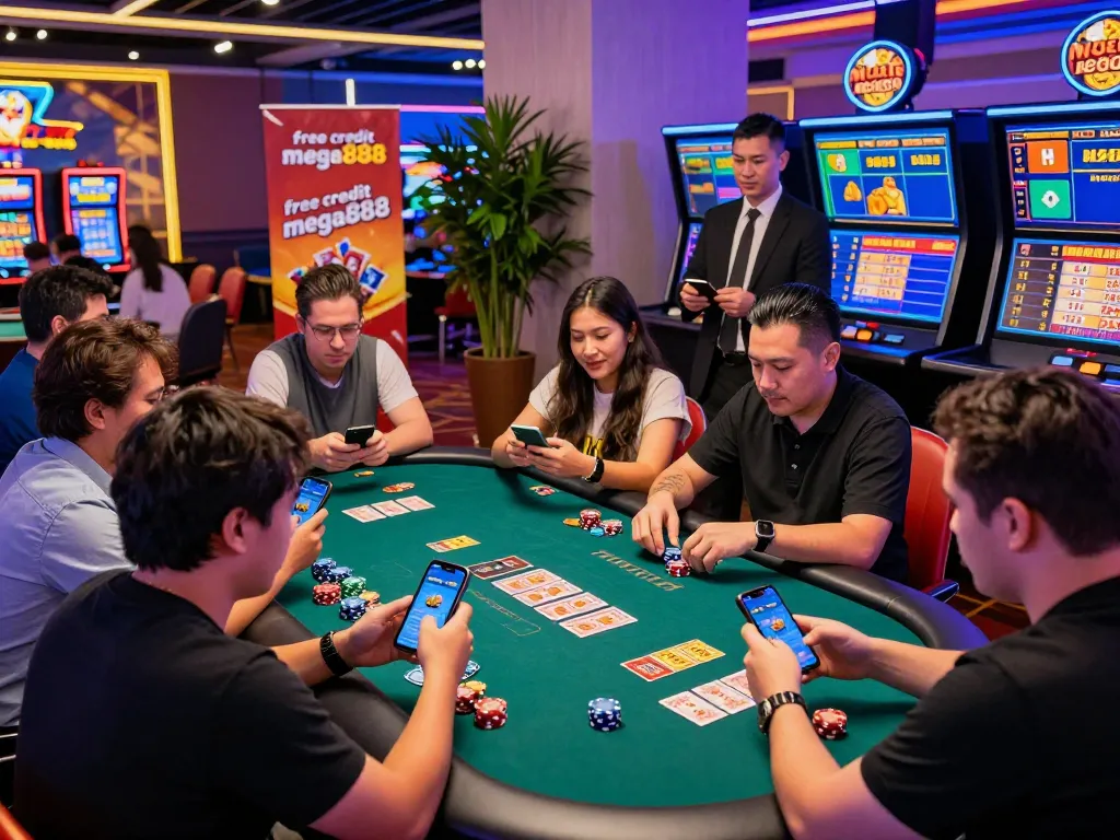 Players enjoying free credit mega888 in a vibrant casino environment, engaging with the Mega888 app amidst colorful decorations and promotional banners.