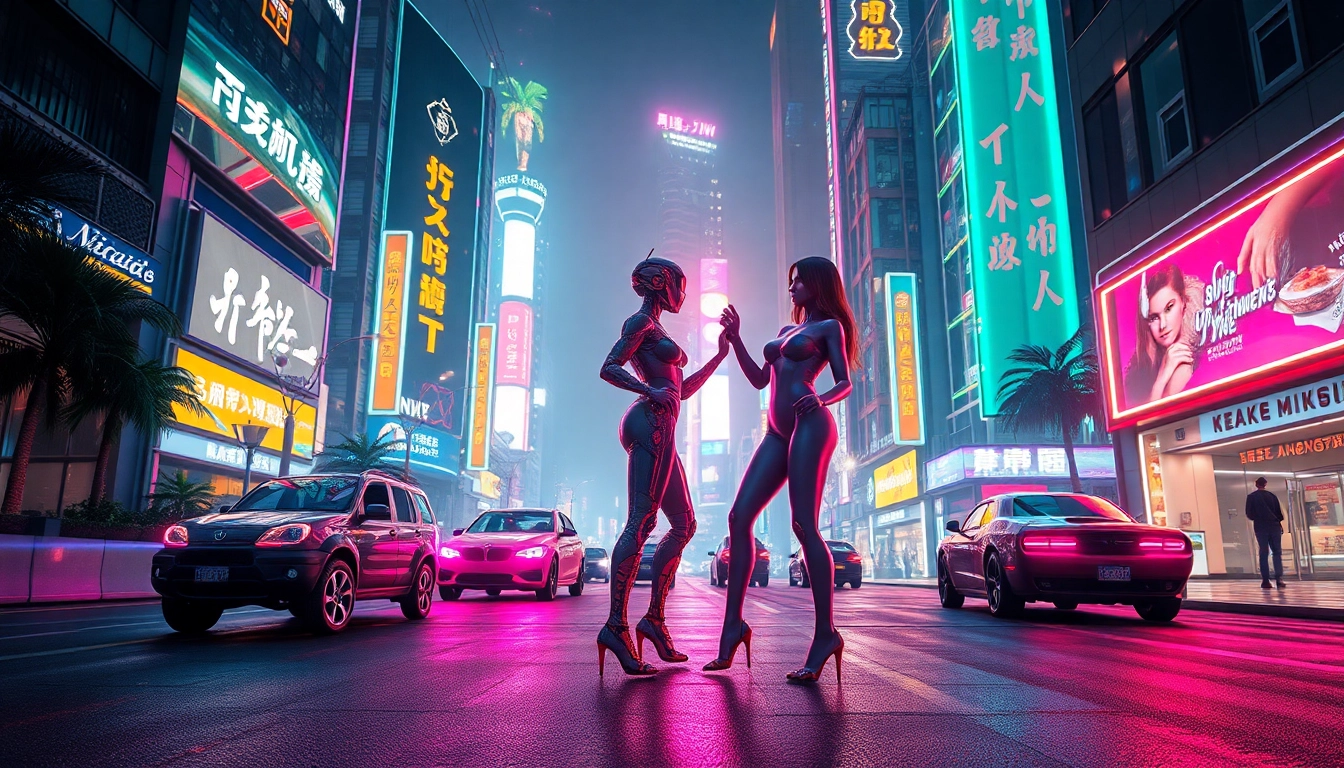 Futuristic cityscape with NSFW-themed holograms and cybernetic characters in vibrant colors showcasing ai nsfw.