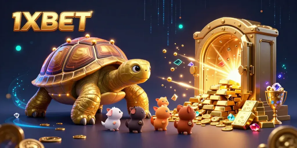 Engage with the thrilling world of 1XBET while the colossal golden tortoise spins as a pinball machine among treasures in a vibrant casino.