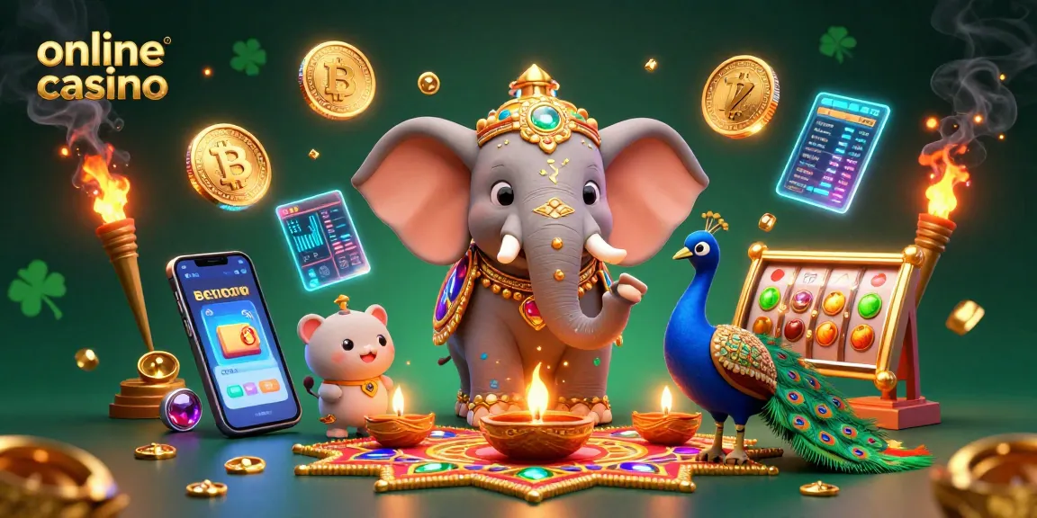 Experience the vibrant world of an online casino with a Diwali-themed elephant and crypto decorations.