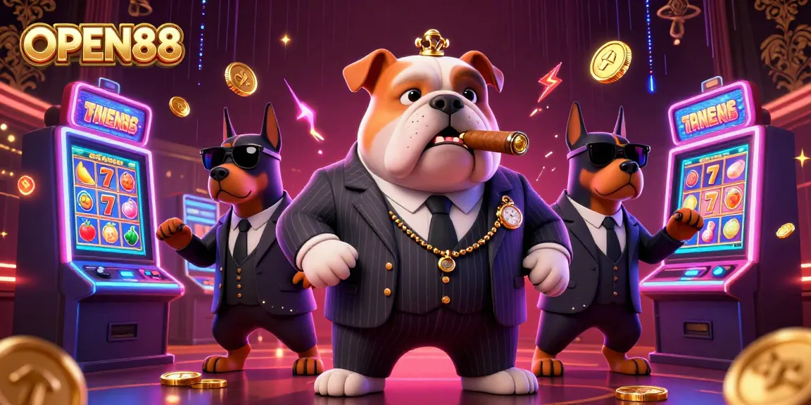 Engage with the thrilling world of OPEN88 featuring a mafia bulldog and Doberman bodyguards amidst vibrant slot machines.