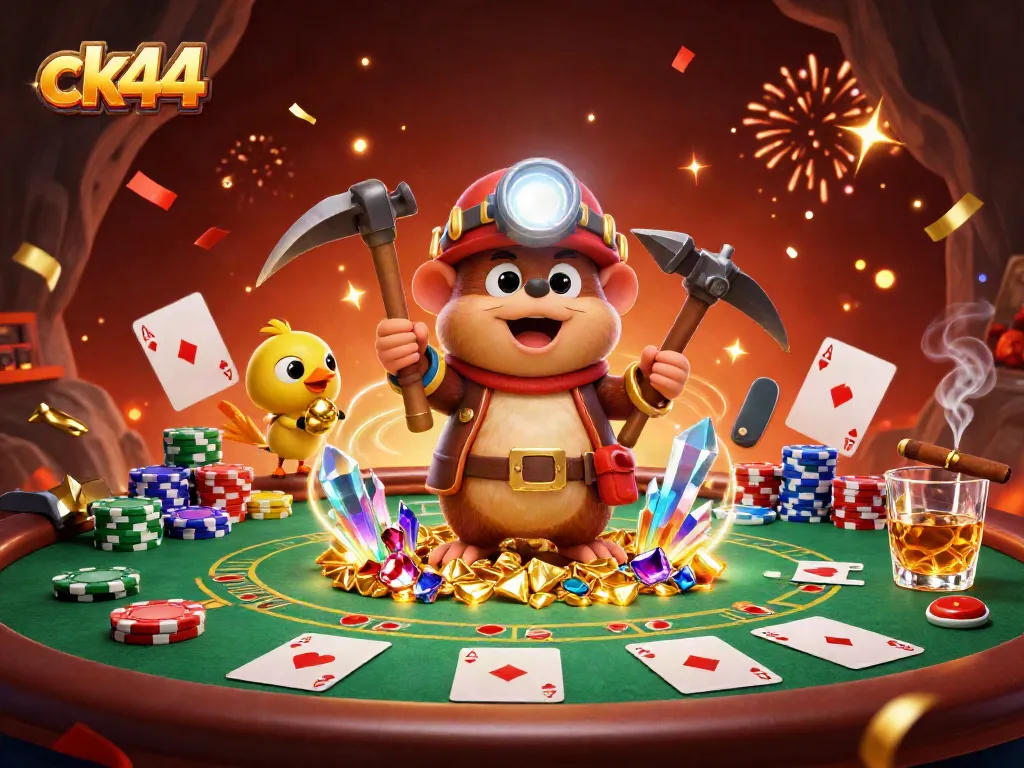 Experience thrilling gaming with ck44, featuring a miner mole and vibrant poker elements.