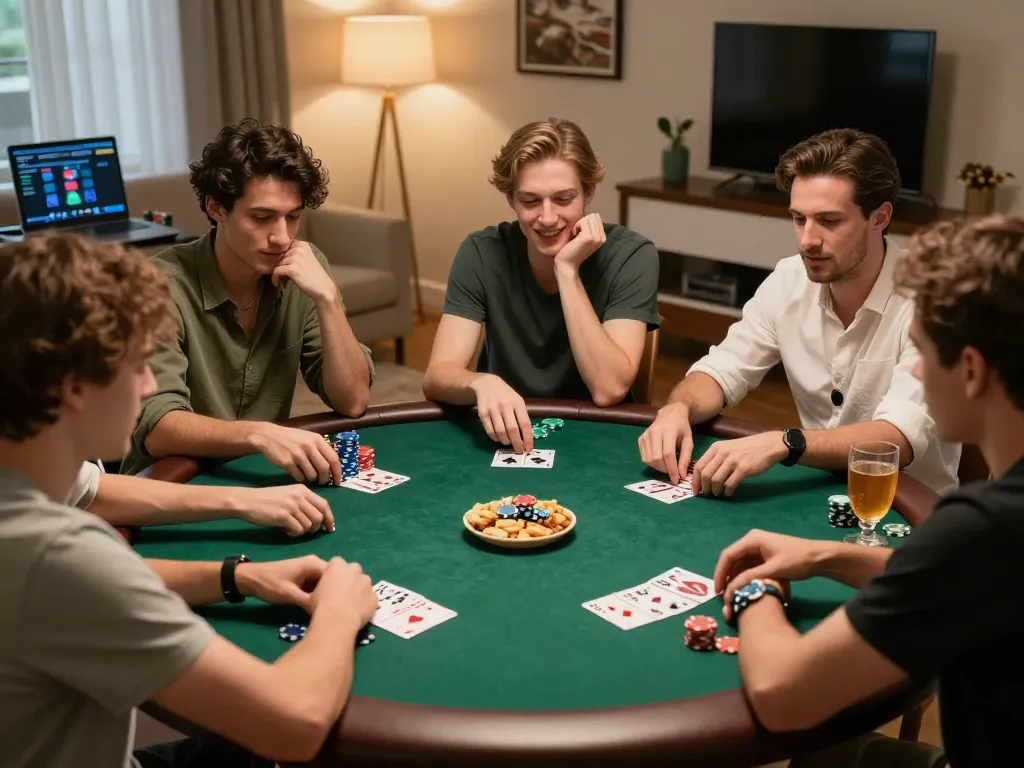 Friends enjoying an exciting poker night at home, showcasing strategic gameplay with 98wincom.