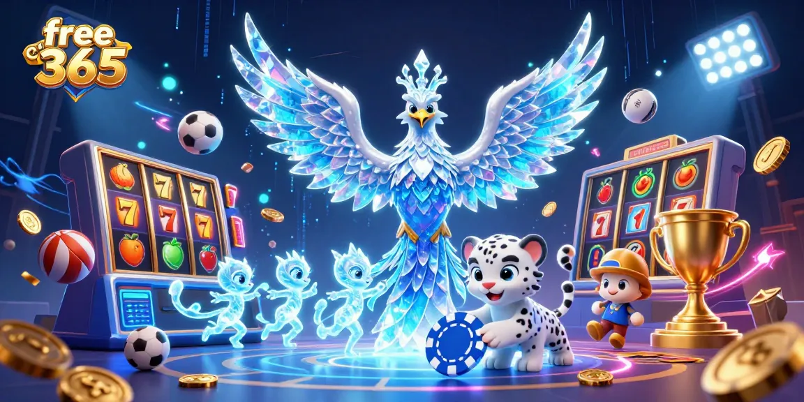 Engage in thrilling gameplay at free credit 365 with an enchanting 3D scene showcasing ice-themed characters and dynamic gambling elements.