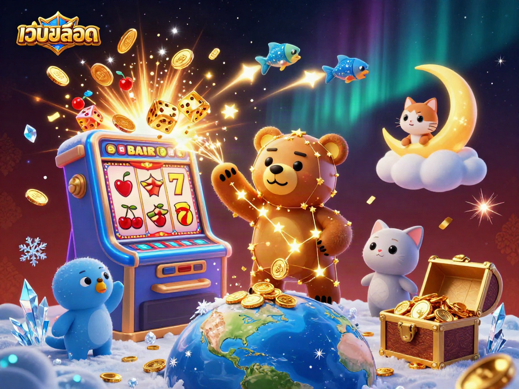 Engage with เว็บสล็อต featuring a vibrant casino scene with a constellation bear, slot machine, and bursting jackpot effects.