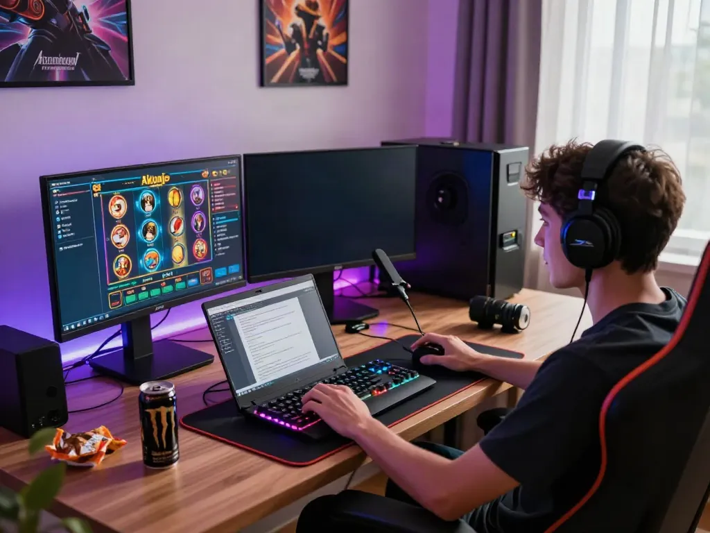 A vibrant gaming setup featuring akunjp slot games, inviting workspace, and cozy room decor.