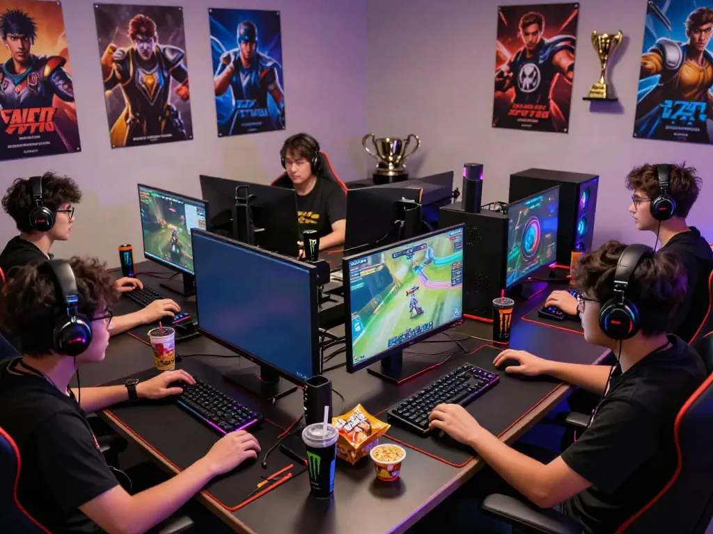 Pengalaman bermain game yang mendebarkan di NYONYA4D, gamers antusias dengan setup gaming modern dan suasana kompetitif.