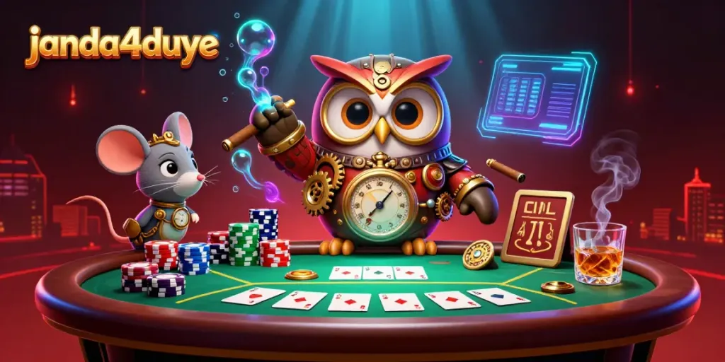 Ilustrasi 3D janda4duye menunjukkan karakter burung hantu penjelajah waktu di kasino steampunk dengan elemen poker.