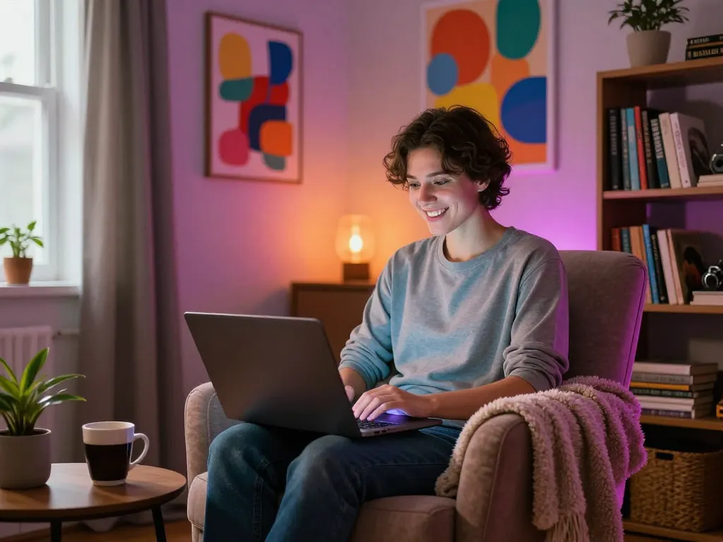 Individual enjoying an NSFW chat in a cozy home office with vibrant decor.
