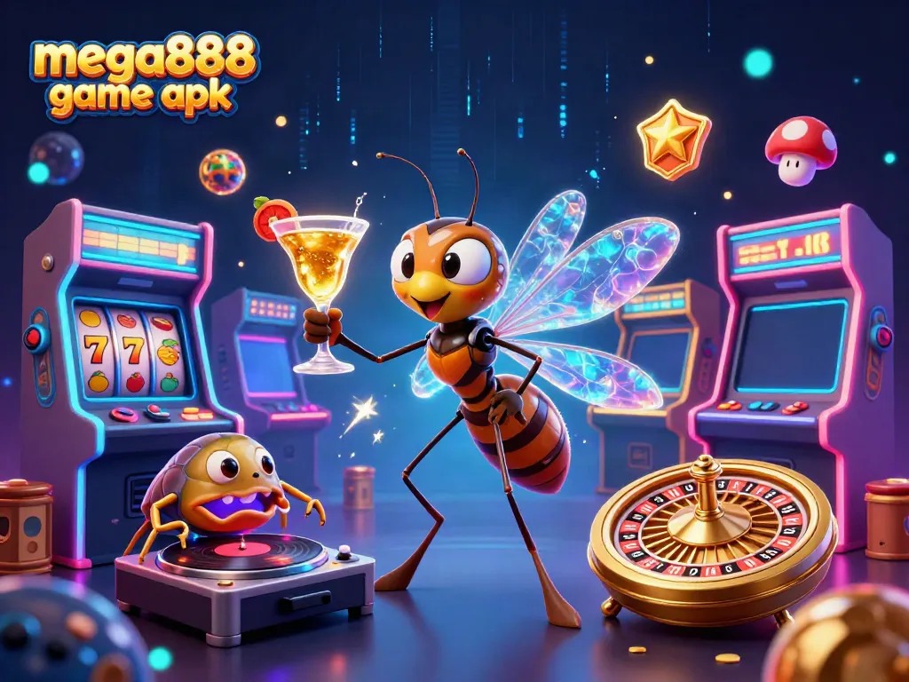 Experience the thrilling action of the mega888 game apk with a vibrant casino atmosphere featuring 3D characters and game elements.
