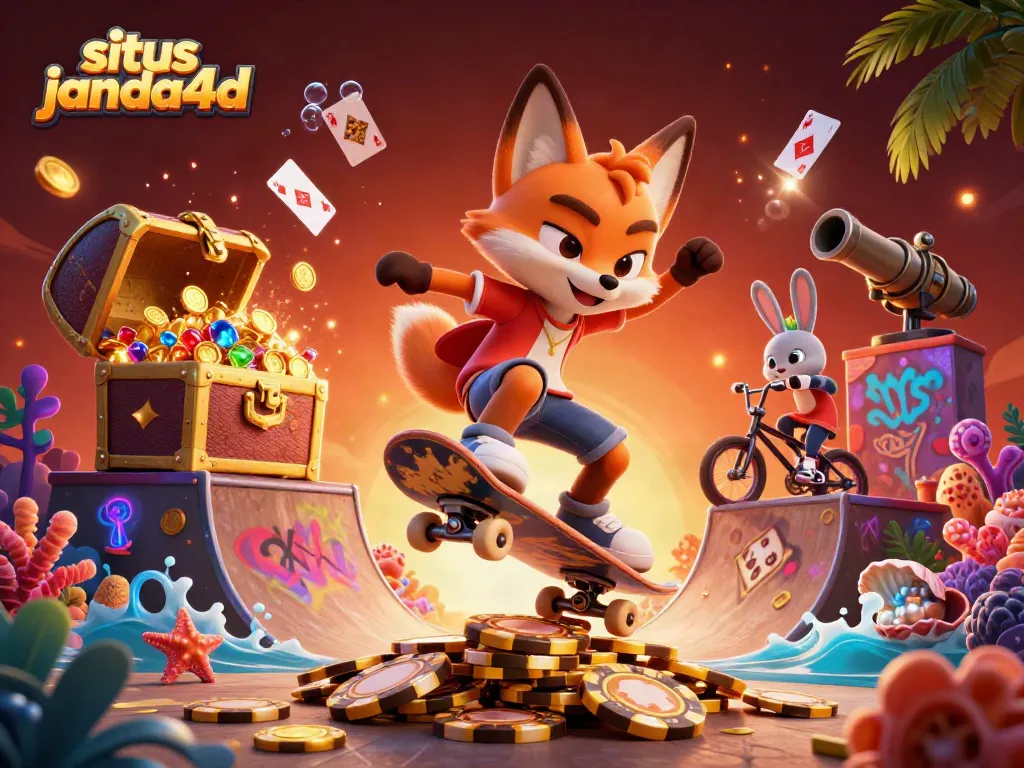 Ilustrasi kasino 3D menarik dengan karakter "situs janda4d" bermain bola