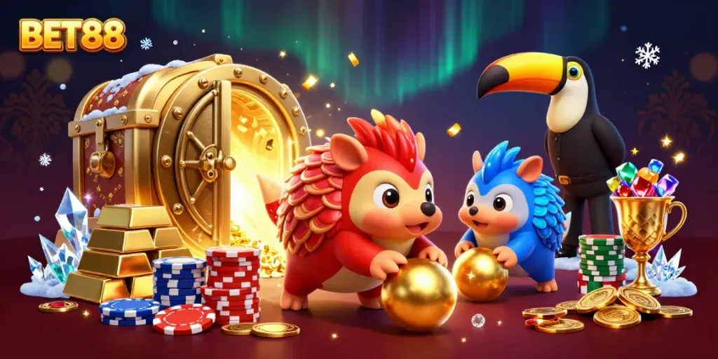 Experience the thrilling world of BET88 with vibrant pangolins in a lively 3D casino scene.