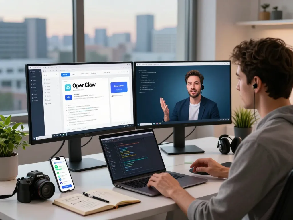 Streamlined workspace showcasing OpenClaw personal AI assistant features with dual monitors and devices.