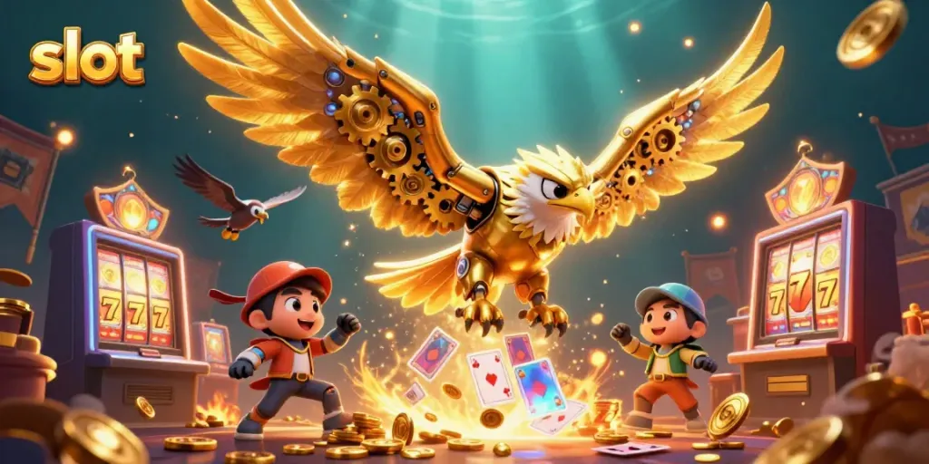 Mesin slot dengan burung elang cybernetic yang terbang melalui kartu bermain holografik, menciptakan atmosfer kasino yang energik.