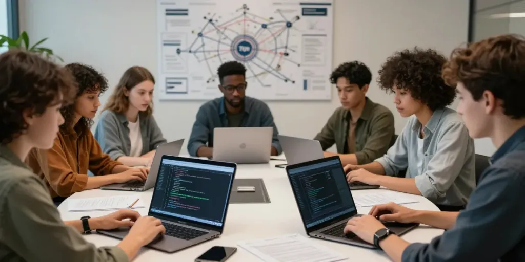 Diverse group discussing the hidden wiki and dark web in a modern conference room.