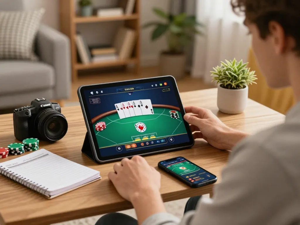 Player engaged in online poker using tablet for W69 gaming strategy in cozy home environment