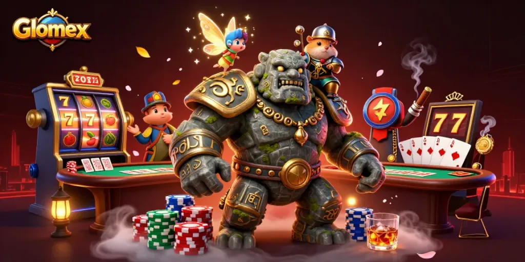 Spin the reels with Glomex's magical casino scene featuring a golem and friends.