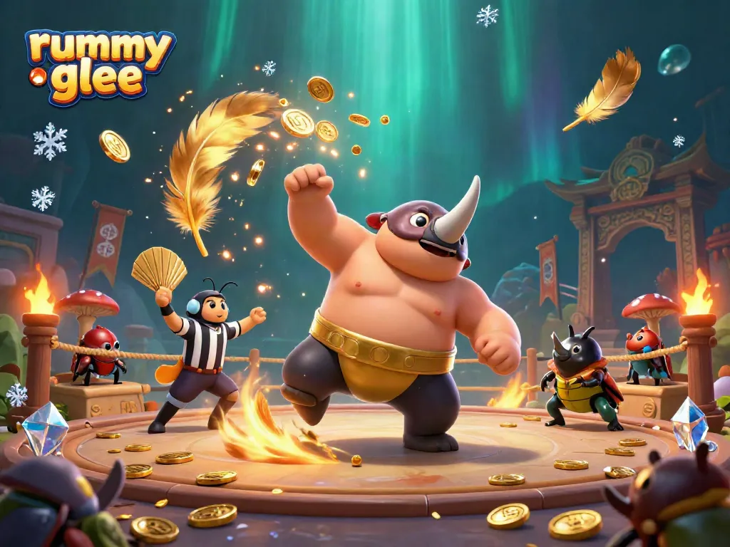 Rummy Glee: Menampilkan kejuaraan rummy dan koin emas yang melayang dalam ilustrasi animasi.