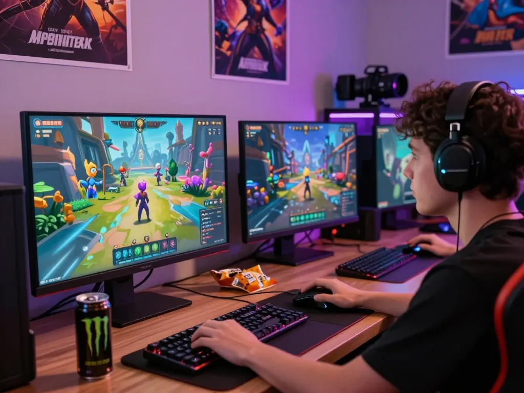 Player engaged in a colorful porngame on a desktop setup surrounded by gaming accessories.