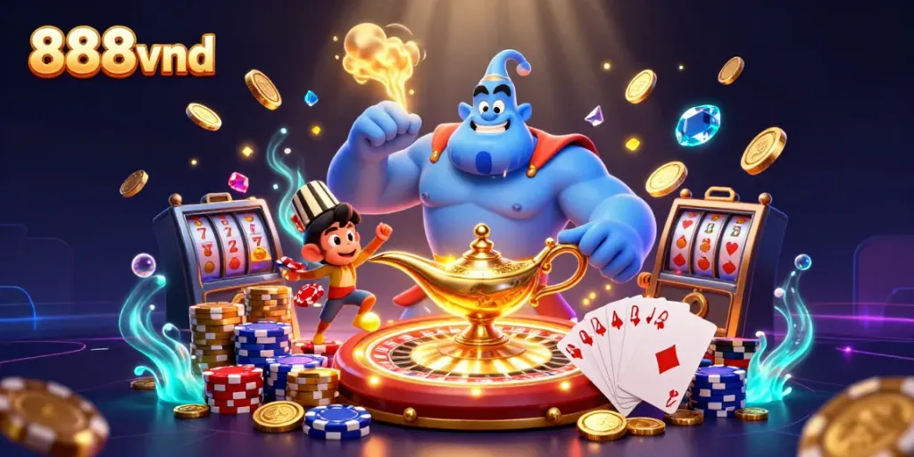 Experience thrilling online gaming at 888vnd with vibrant characters and casino elements.