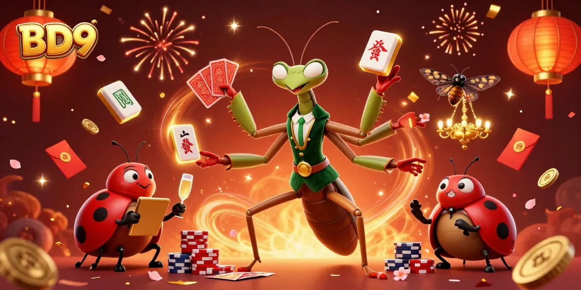Experience the thrill at BD9 with a giant mantis dealer and colorful gaming elements.