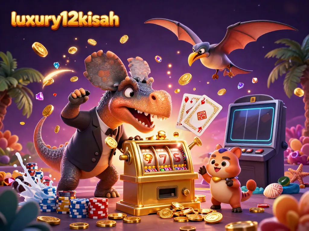 Experience the thrill of luxury12kisah with an engaging scene of dinosaurs and slot machines.