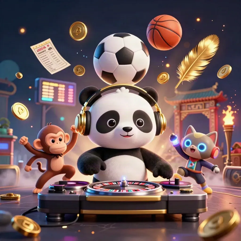 Panda DJ, breakdancing monkey and glow-stick kitten amid sports gear, coins and torchlight.