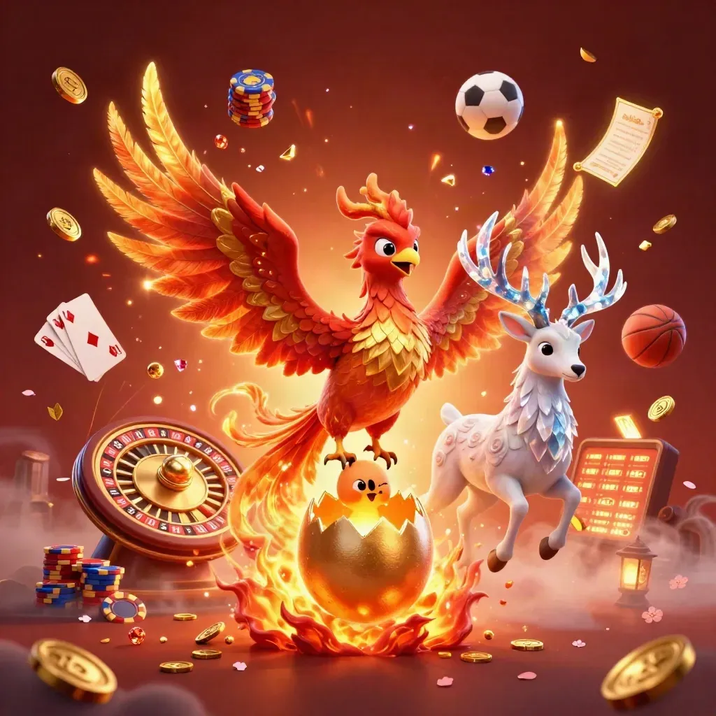 Phoenix, baby phoenix, and crystalline stag amid casino coins, cards, chips, and flying sports balls.