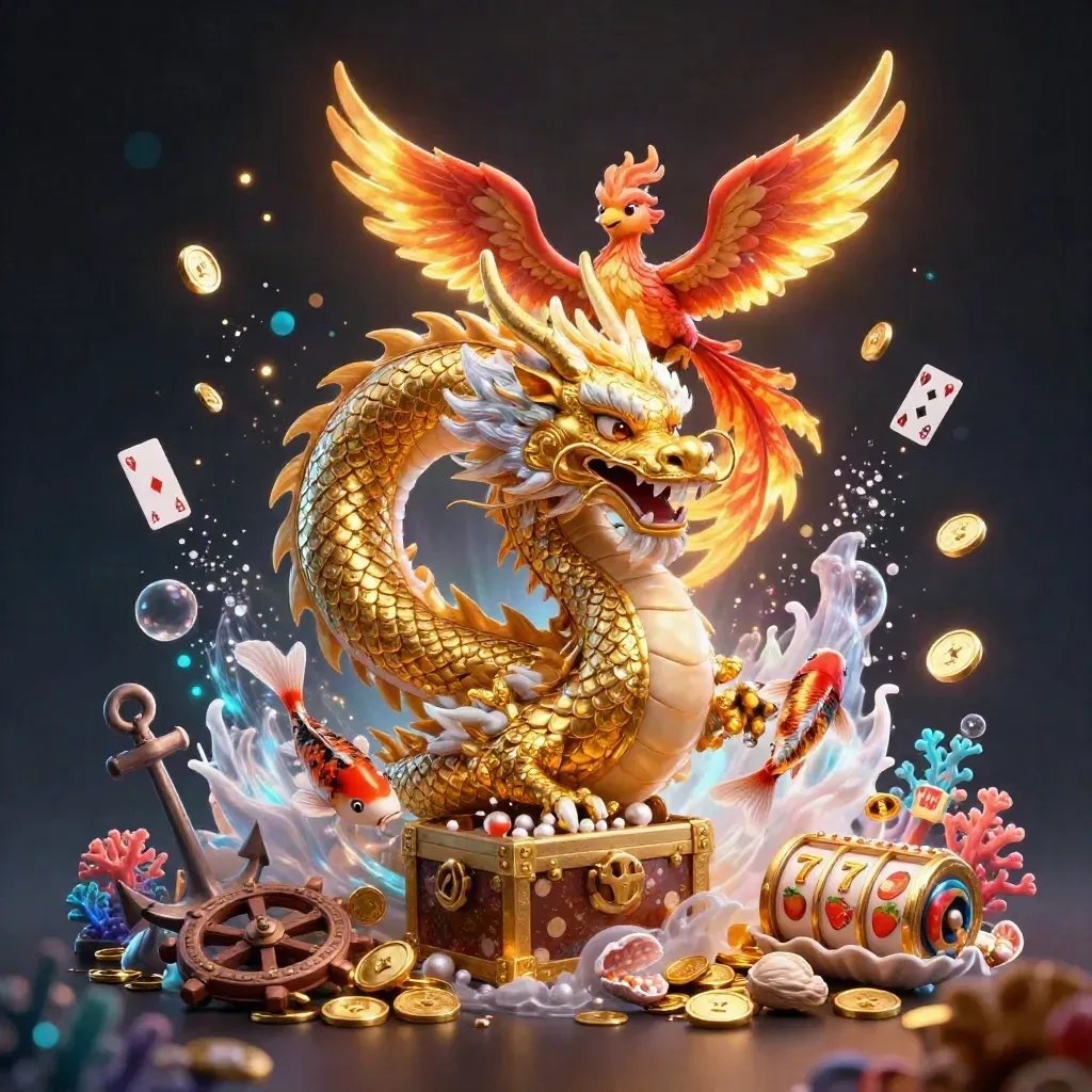 Golden dragon, phoenix, and koi amid treasure, slots, and glowing underwater casino effects