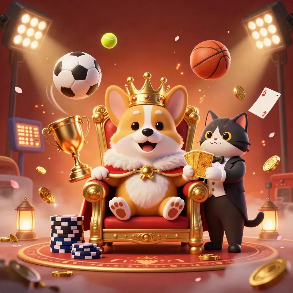 Royal corgi and cat butler amid flying sports balls, coins, and stadium lights.