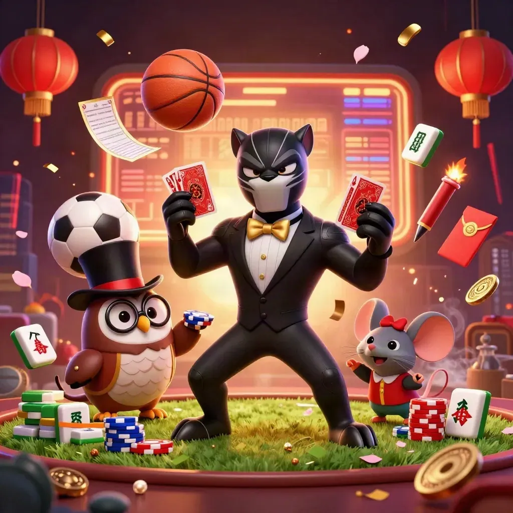 Panther, owl, and mouse amid flying sports balls, gold chips, lanterns, and neon sparks.