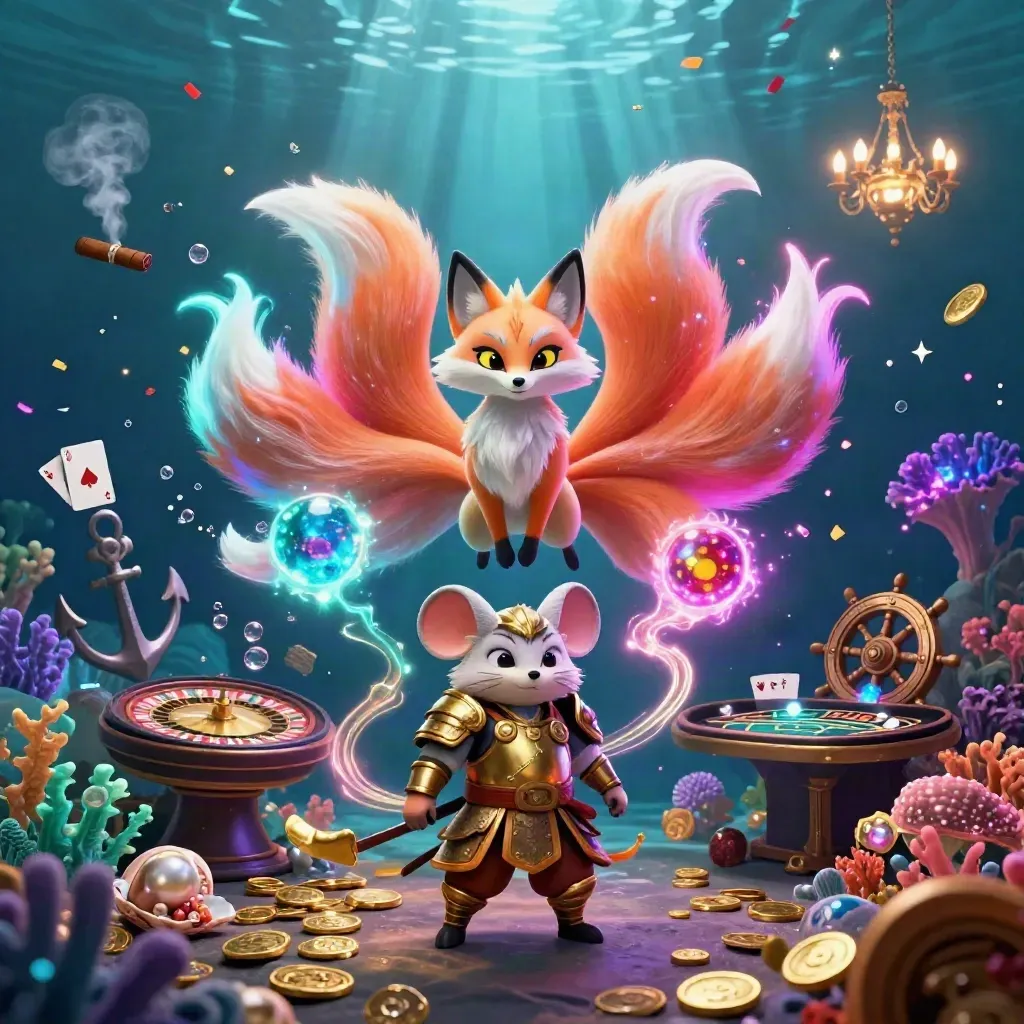 Nine-tailed fox spirit and samurai mouse in a jeweled underwater casino treasure cove