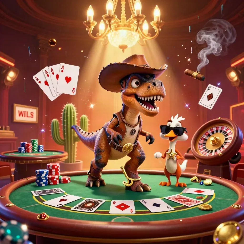 Cowboy T-Rex, cactus, and roadrunner in a luxe neon casino with glowing tables and sparks.