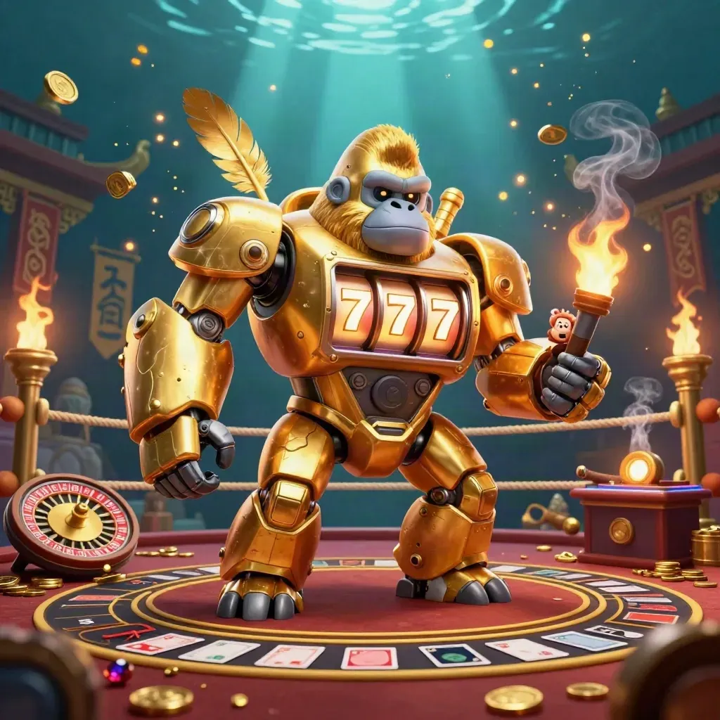 Golden gorilla slot mech with monkey pilot amid casino relics, roulette, cards, and underwater teal glow.