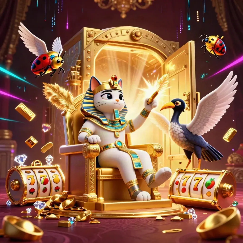 Pharaoh cat, ibis scribe, and gem-wing scarabs burst from a golden vault amid casino treasure.