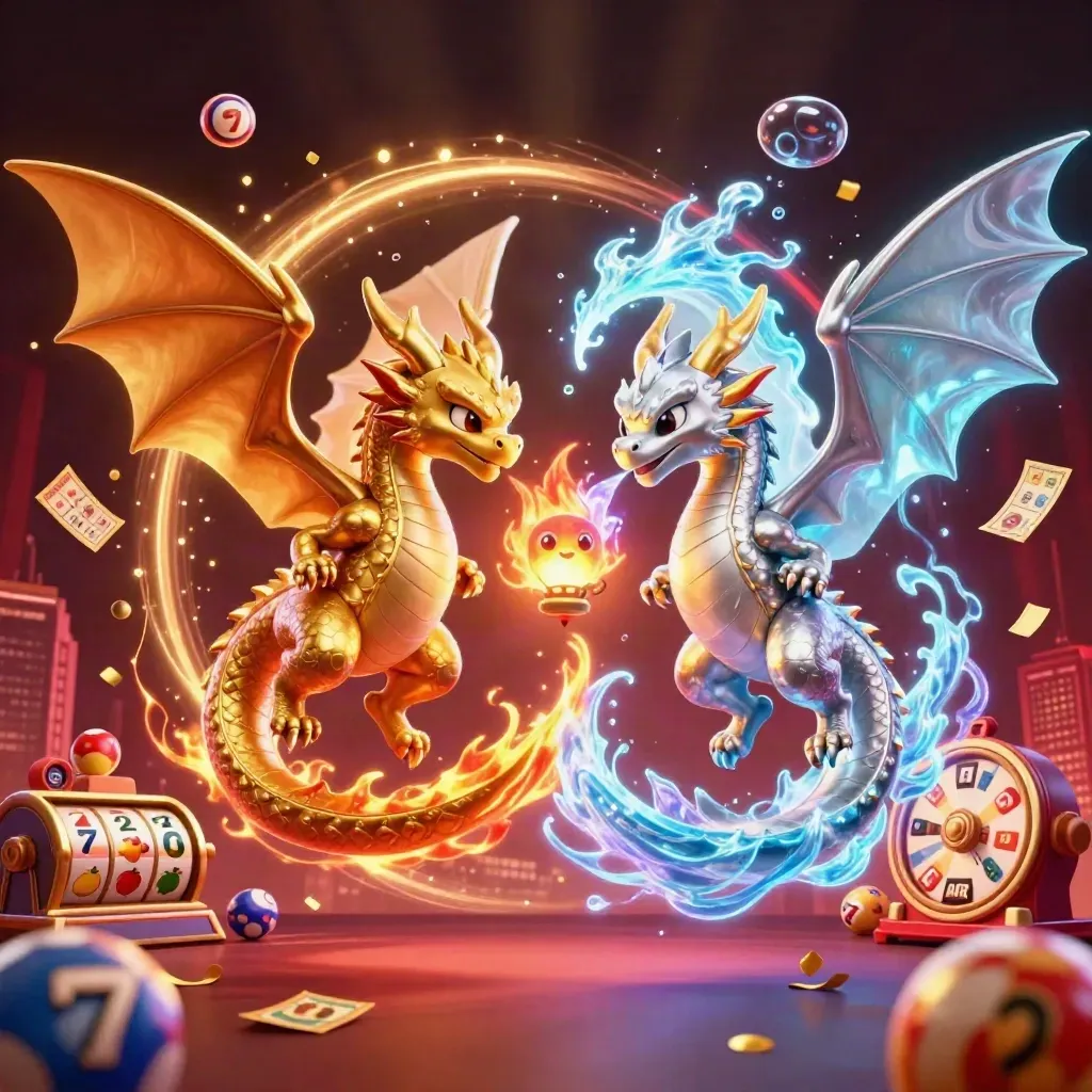 Twin gold and silver dragons spiral with fire-and-ice breath around a lantern spirit and casino charms.