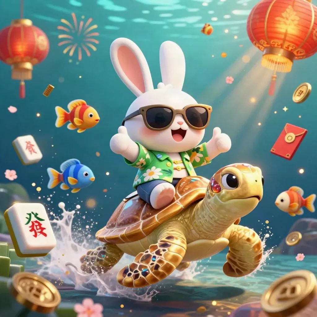 Lucky rabbit rides a golden sea turtle through underwater casino treasure bursts
