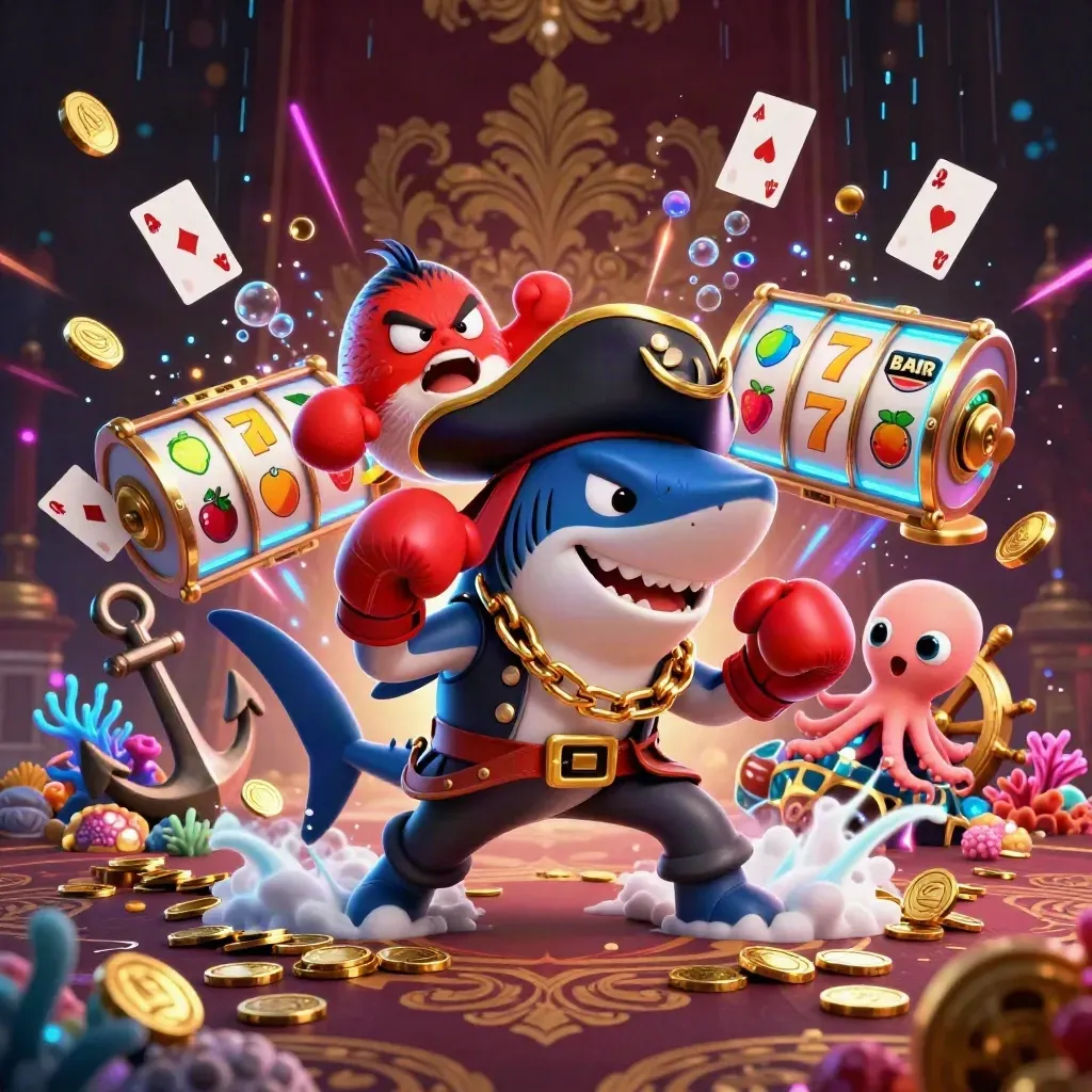 Shark pirate, boxing pufferfish, and coin-juggling octopus amid sunken treasure and neon casino effects.