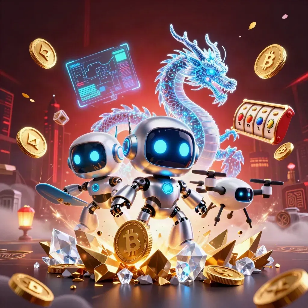 Cyberpunk robot, hologram dragon, and coin drone burst through casino treasure in neon light.