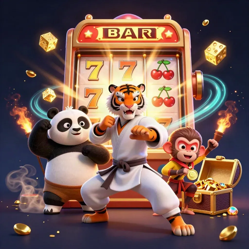 Kung-fu tiger, panda, and monkey amid slot bursts, gold dice, gems, and cyan glows.