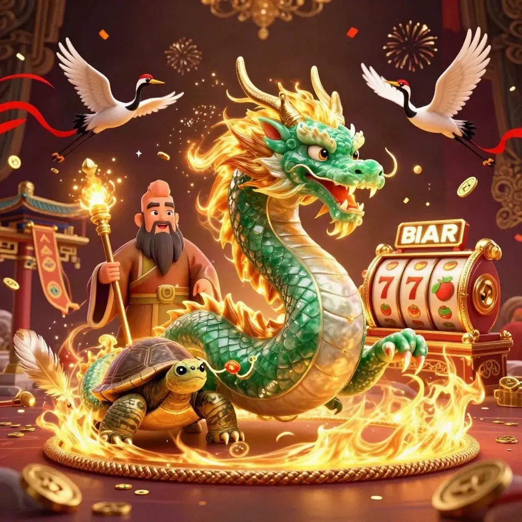 Emerald dragon, turtle sage, and cranes amid gold coins, fireworks, and casino symbols.
