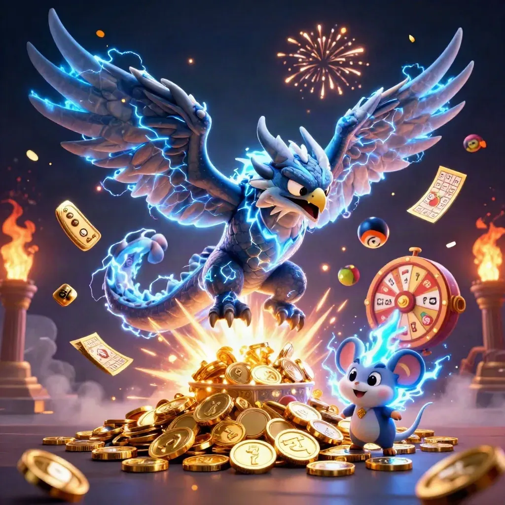 Thunder dragon, wind hawk, and static mouse bursting from gold coins with casino effects