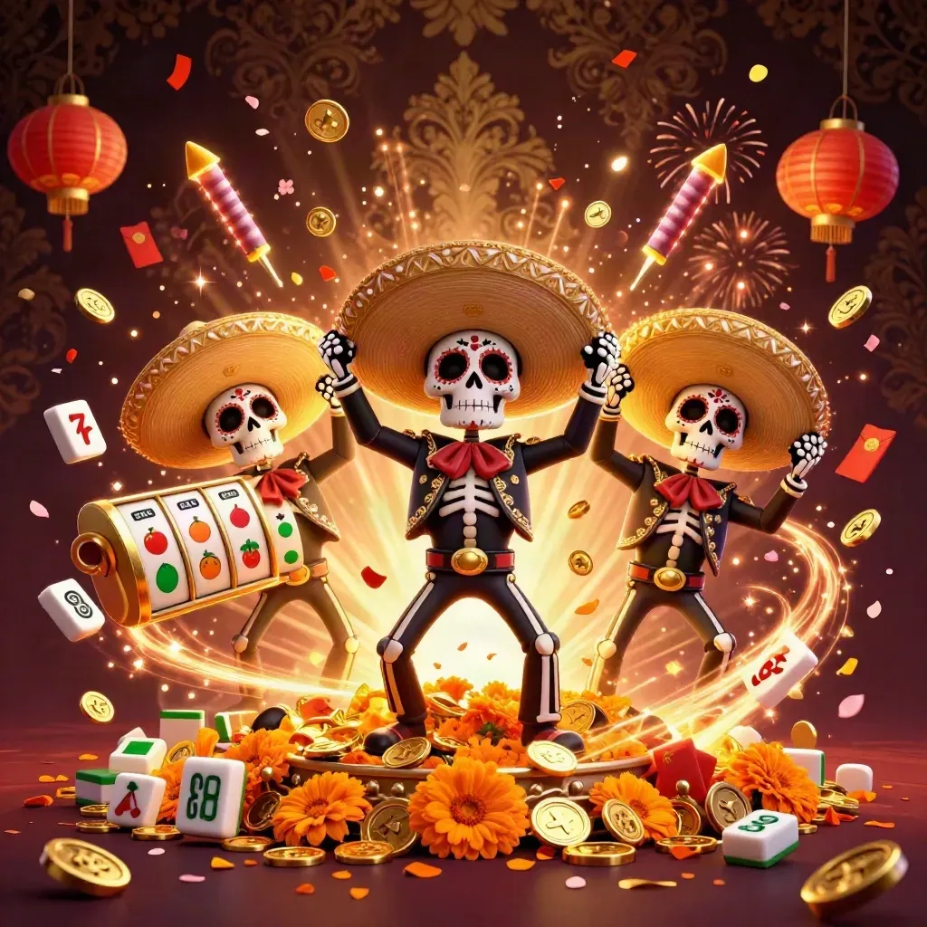Skeleton mariachi trio amid coins, lanterns, fireworks, and casino slot symbols.