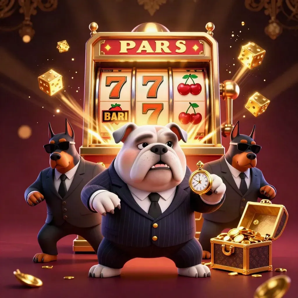 Bulldog mob boss and bodyguards amid slot machine burst, gold dice, and treasure on dark luxe backdrop.