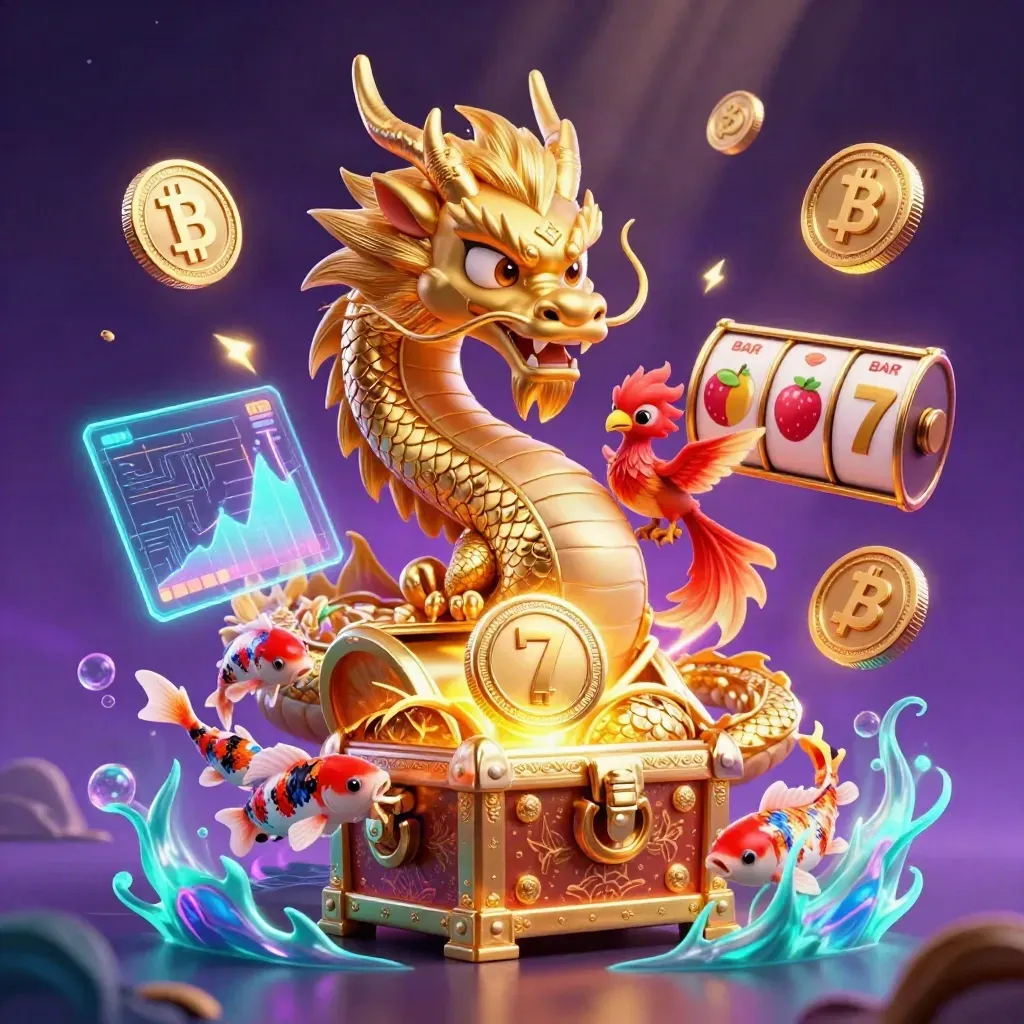 Golden dragon with phoenix and koi amid neon coins, chest, and casino effects on a dark purple glow