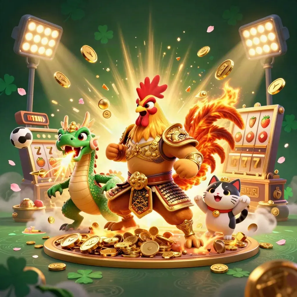 Rooster warrior, dragon hatchling, and fortune cat burst through coins, fireworks, and slot symbols.