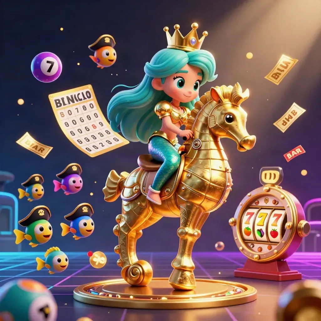 Mermaid princess on golden seahorse with pirate fish, lotto balls, bingo card and prize wheel